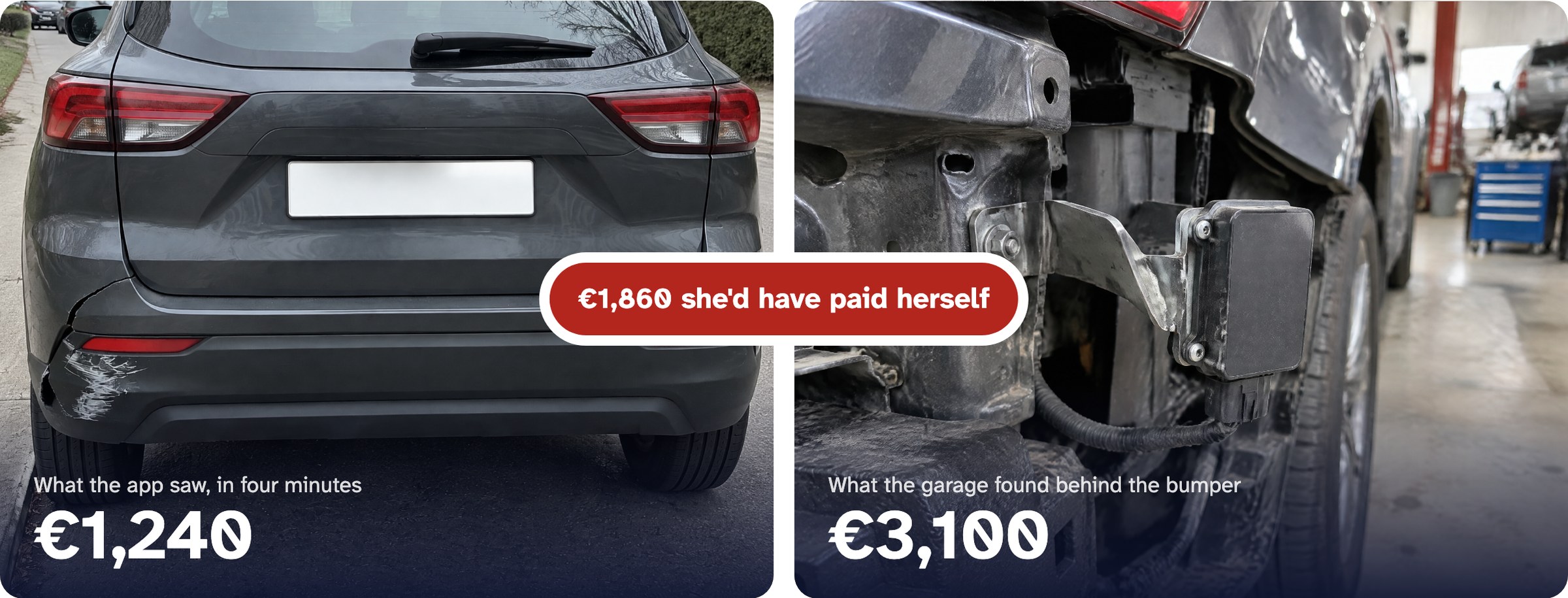 Two photos: the rear of the car with a cracked bumper, labelled €1,240, and the bumper removed showing a bent radar bracket, labelled €3,100